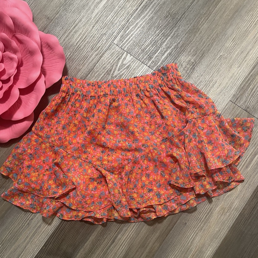 RESET By JANE Womens Sz S Smocked Floral Metallic Layered Asymmetical Mini Skirt